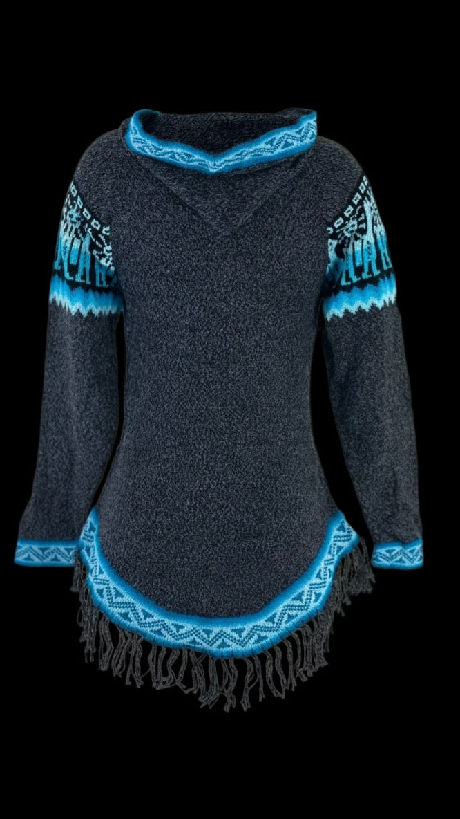 Dark gray sweater with blue fringe and pattern on a black background